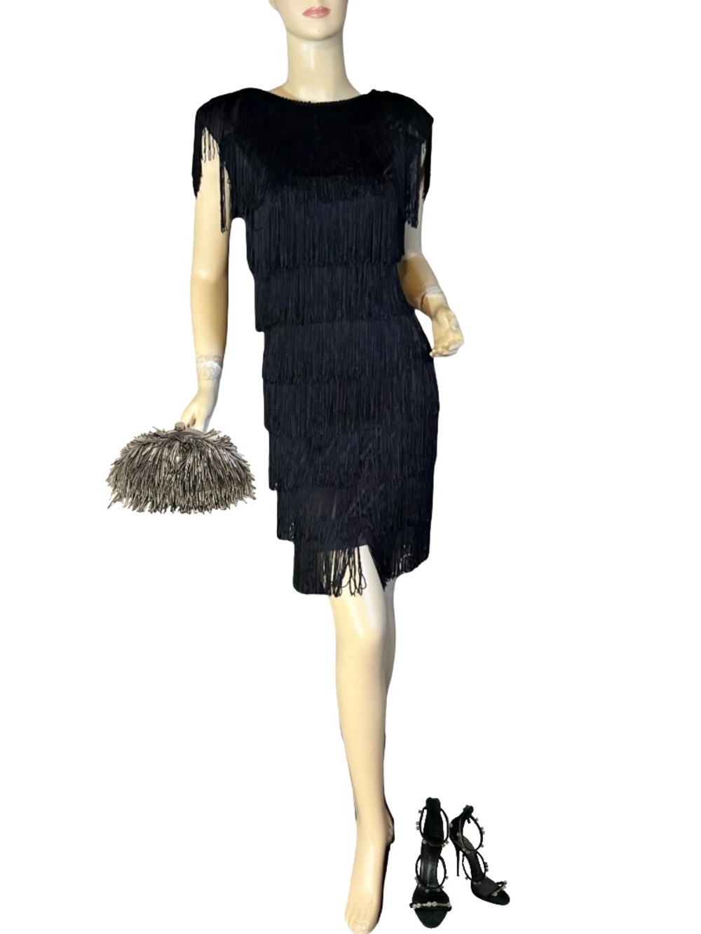 VINTAGE 1980’S STEPPIN' OUT BLACK FRINGE SHORT COCKTAIL DRESS (5/S)